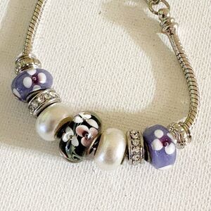 Silvertone Purple Painted Beads Charm Bracelet Snake Chain Lobster Claw